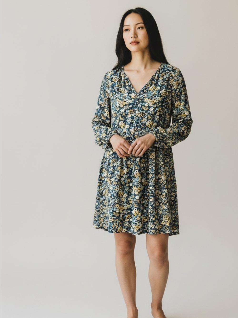 LOFT Blue and Yellow Floral V-Neck Long Sleeve Dress